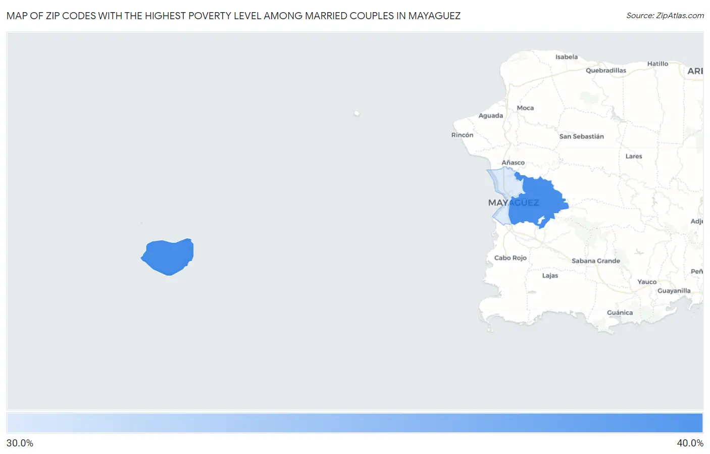 Zip Codes with the Highest Poverty Level Among Married Couples in Mayaguez Map