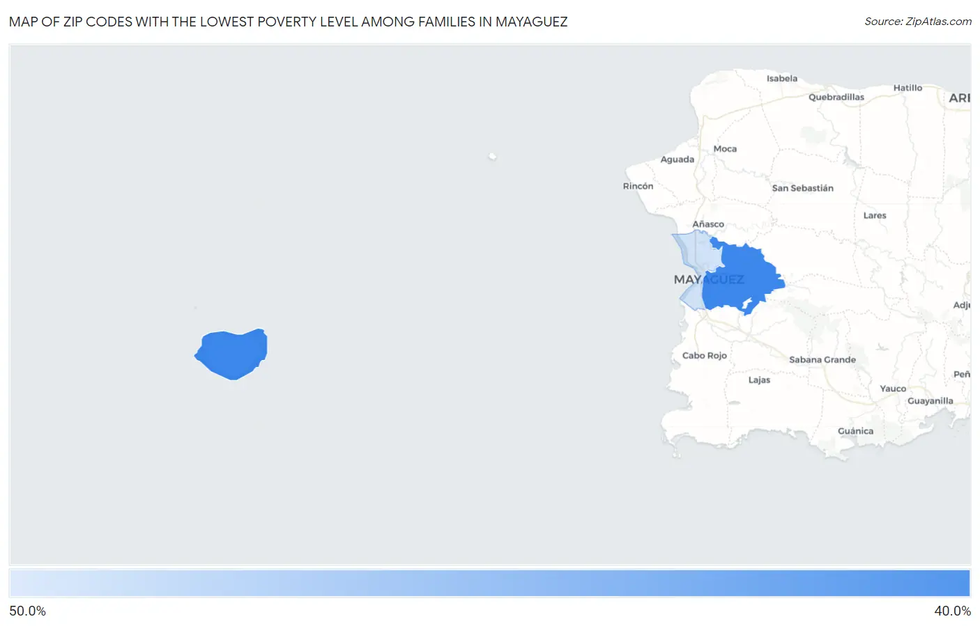 Zip Codes with the Lowest Poverty Level Among Families in Mayaguez Map