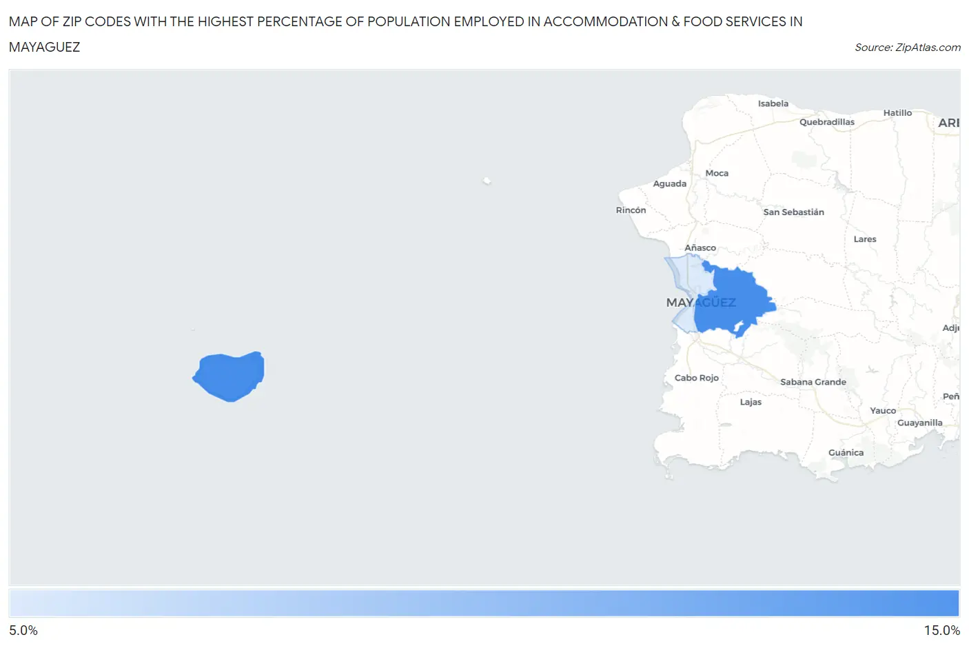 Zip Codes with the Highest Percentage of Population Employed in Accommodation & Food Services in Mayaguez Map