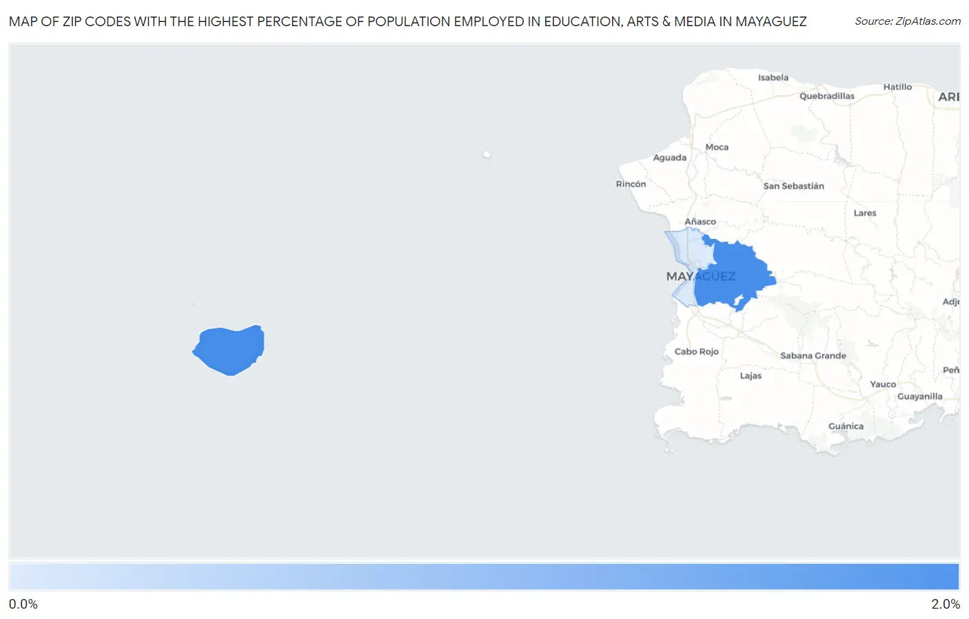 Zip Codes with the Highest Percentage of Population Employed in Education, Arts & Media in Mayaguez Map