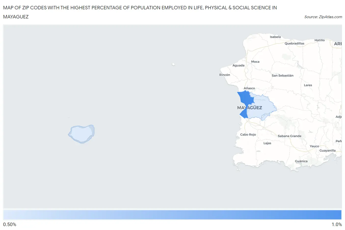 Zip Codes with the Highest Percentage of Population Employed in Life, Physical & Social Science in Mayaguez Map