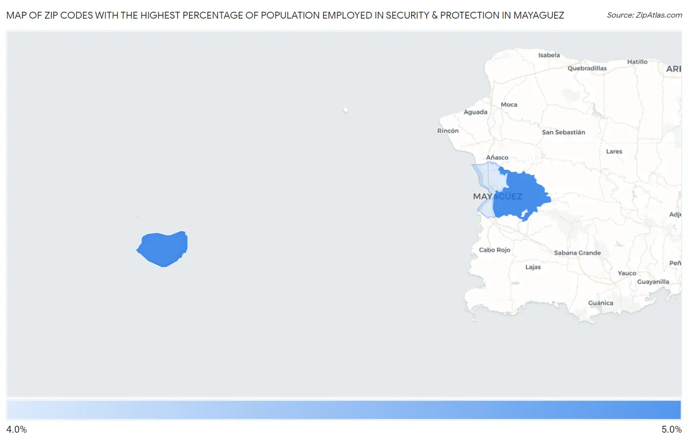 Zip Codes with the Highest Percentage of Population Employed in Security & Protection in Mayaguez Map