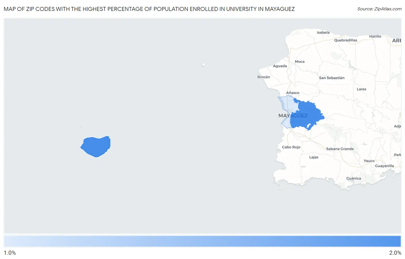Zip Codes with the Highest Percentage of Population Enrolled in University in Mayaguez Map