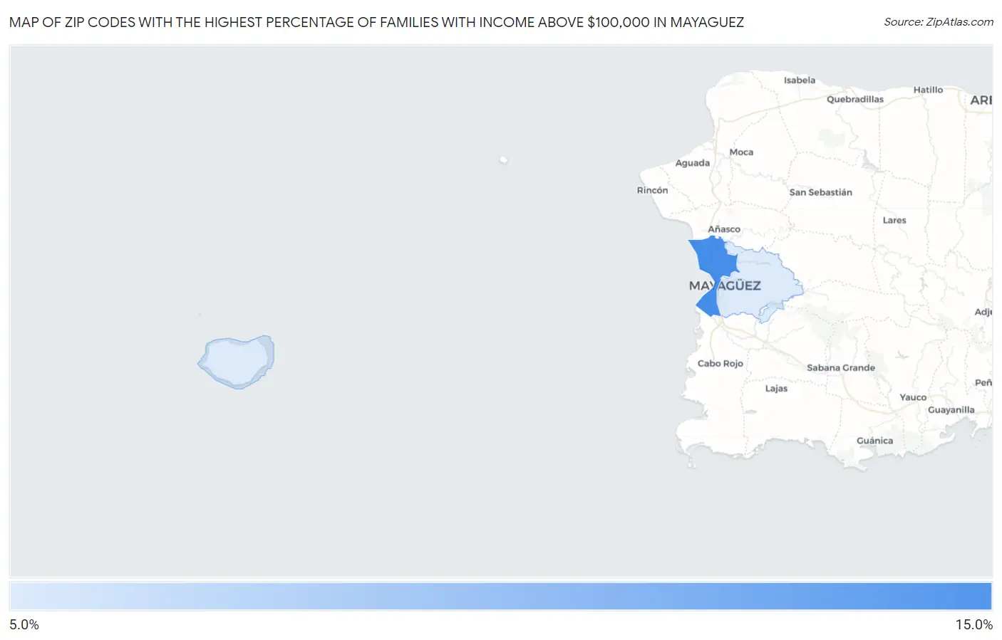 Zip Codes with the Highest Percentage of Families with Income Above $100,000 in Mayaguez Map