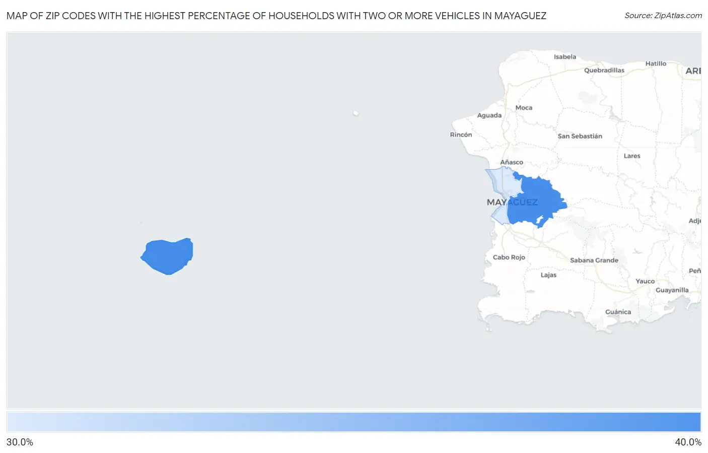 Zip Codes with the Highest Percentage of Households With Two or more Vehicles in Mayaguez Map
