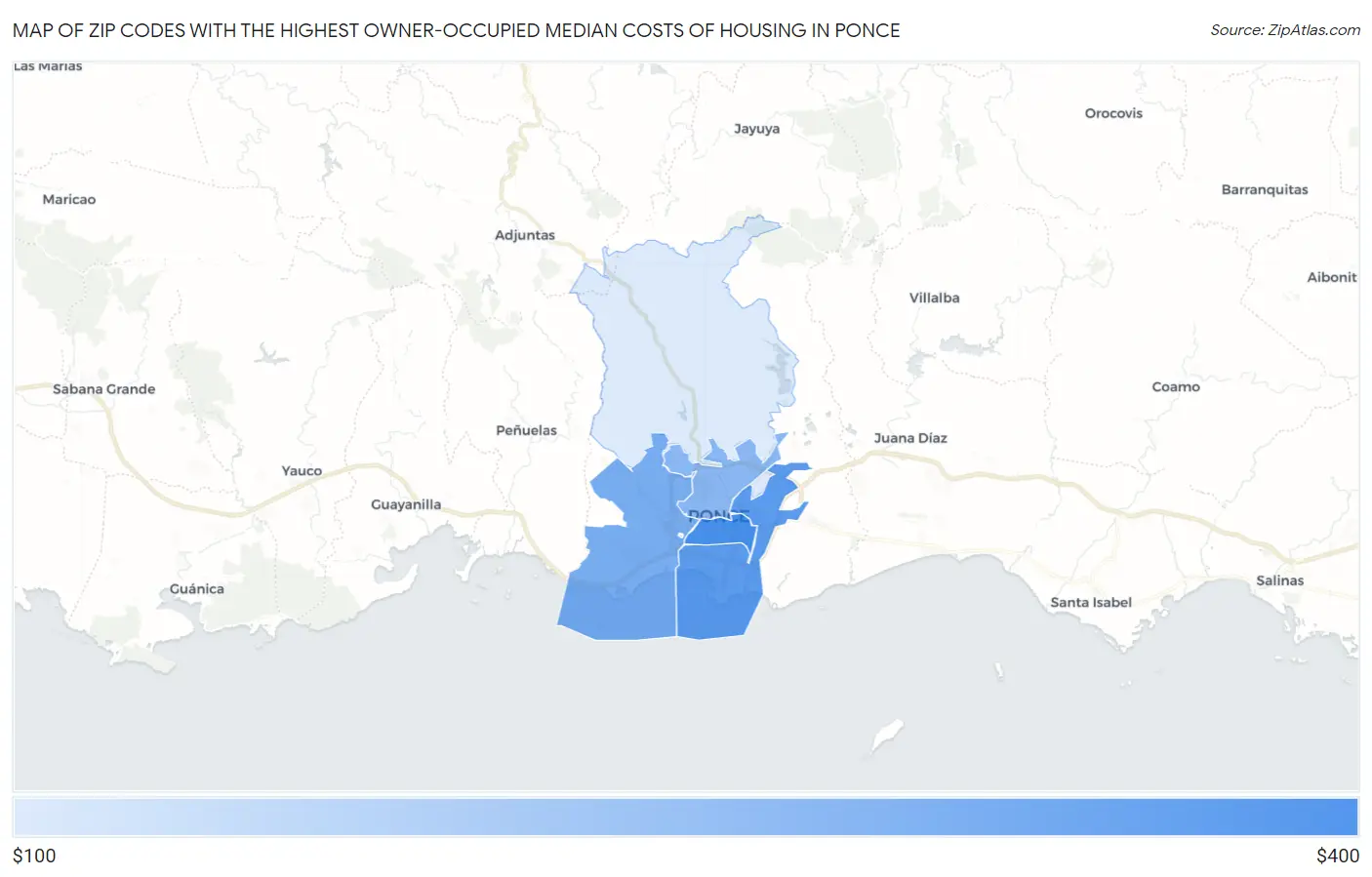 Zip Codes with the Highest Owner-Occupied Median Costs of Housing in Ponce Map