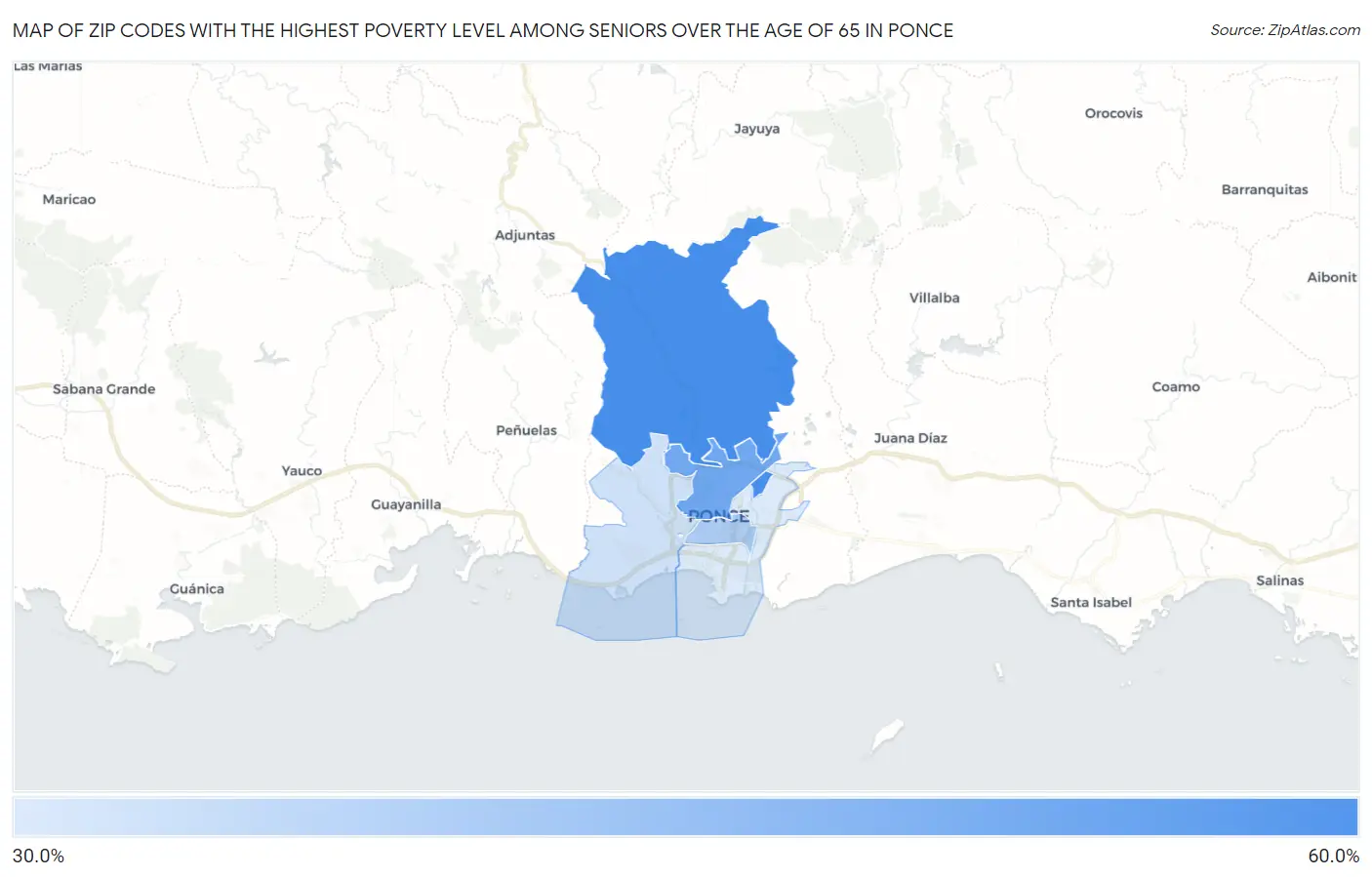 Zip Codes with the Highest Poverty Level Among Seniors Over the Age of 65 in Ponce Map