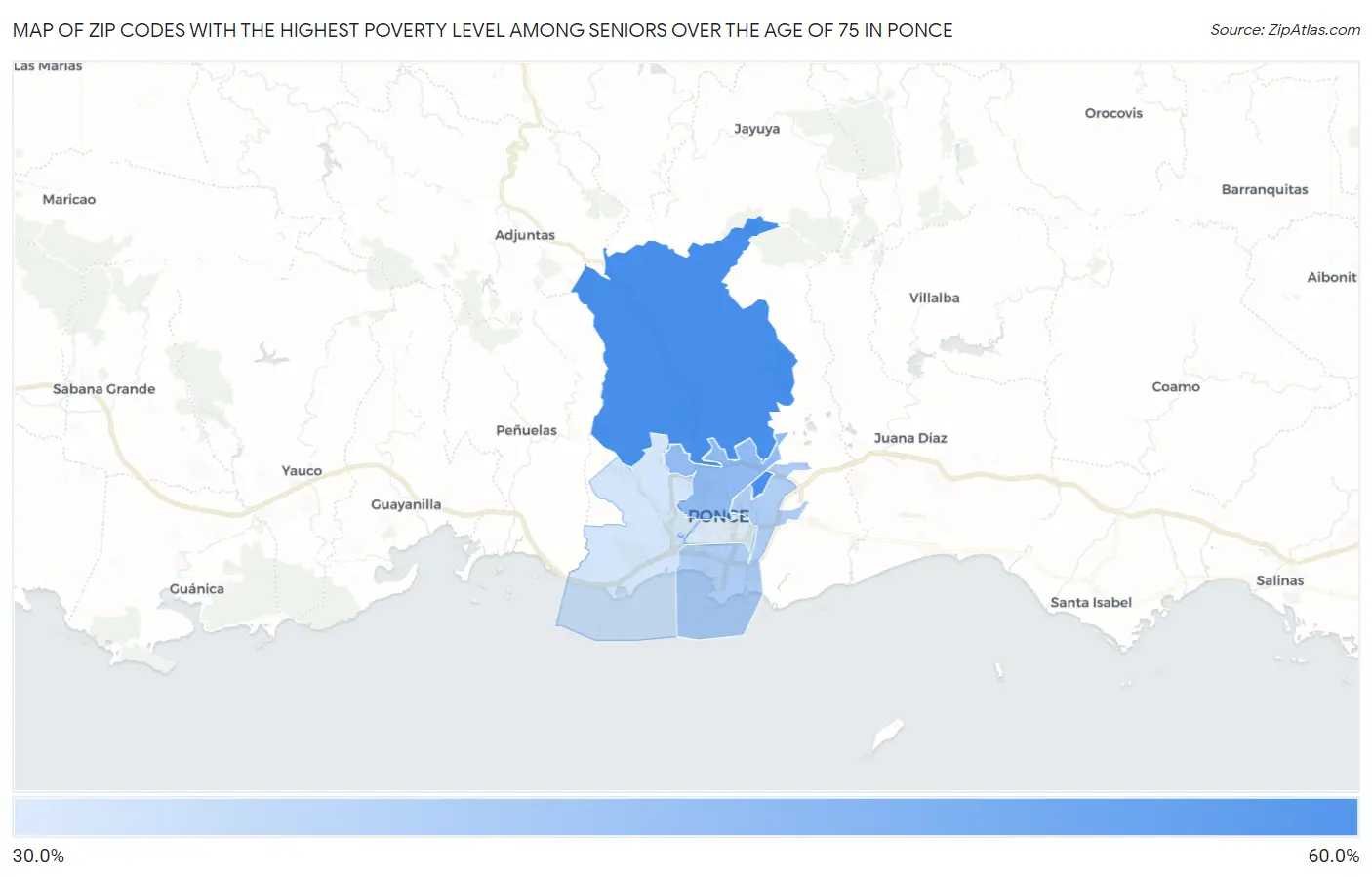 Zip Codes with the Highest Poverty Level Among Seniors Over the Age of 75 in Ponce Map