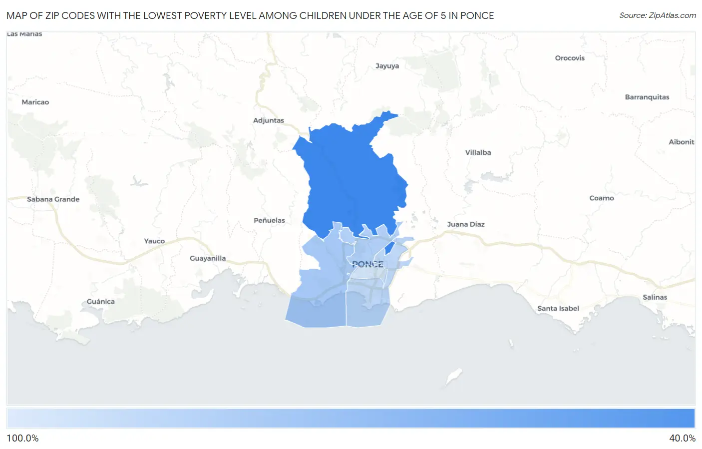 Zip Codes with the Lowest Poverty Level Among Children Under the Age of 5 in Ponce Map