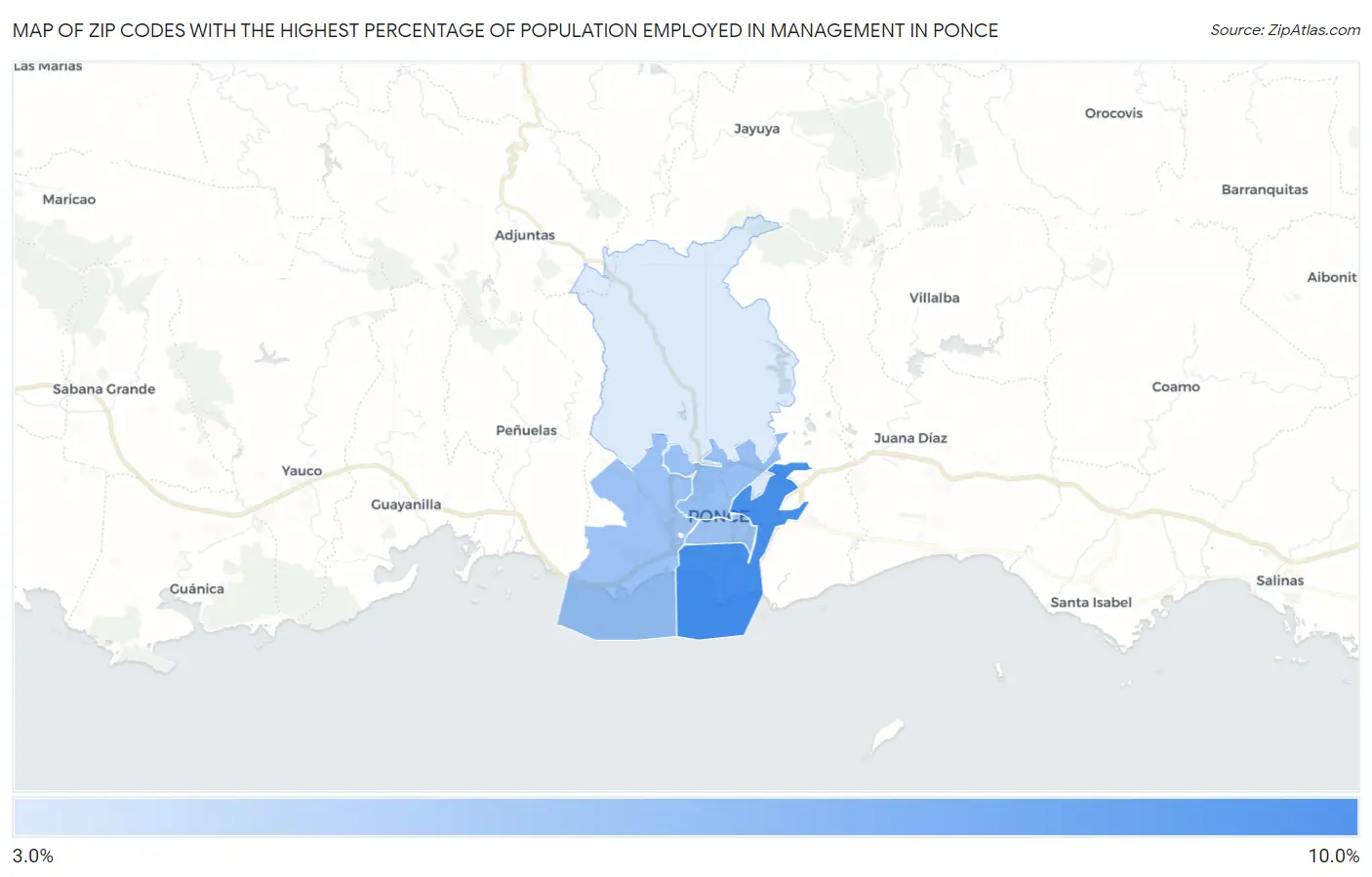Zip Codes with the Highest Percentage of Population Employed in Management in Ponce Map
