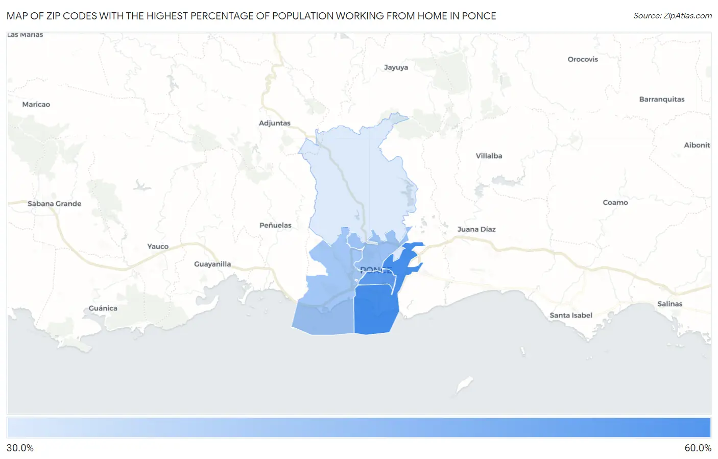 Zip Codes with the Highest Percentage of Population Working from Home in Ponce Map