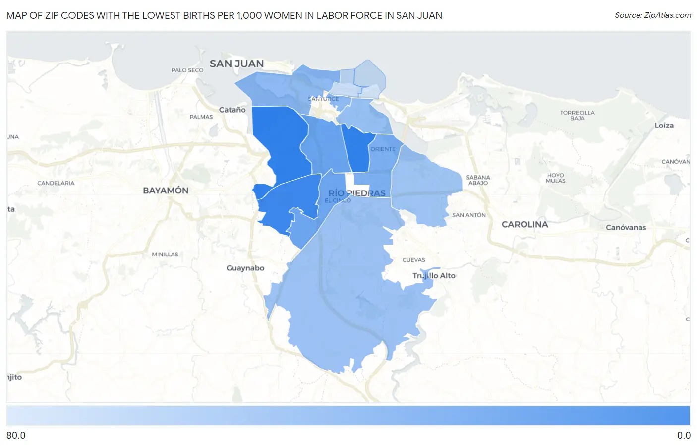 Zip Codes with the Lowest Births per 1,000 Women in Labor Force in San Juan Map