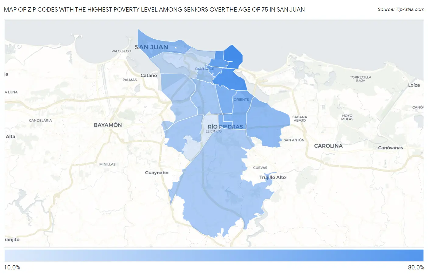Zip Codes with the Highest Poverty Level Among Seniors Over the Age of 75 in San Juan Map