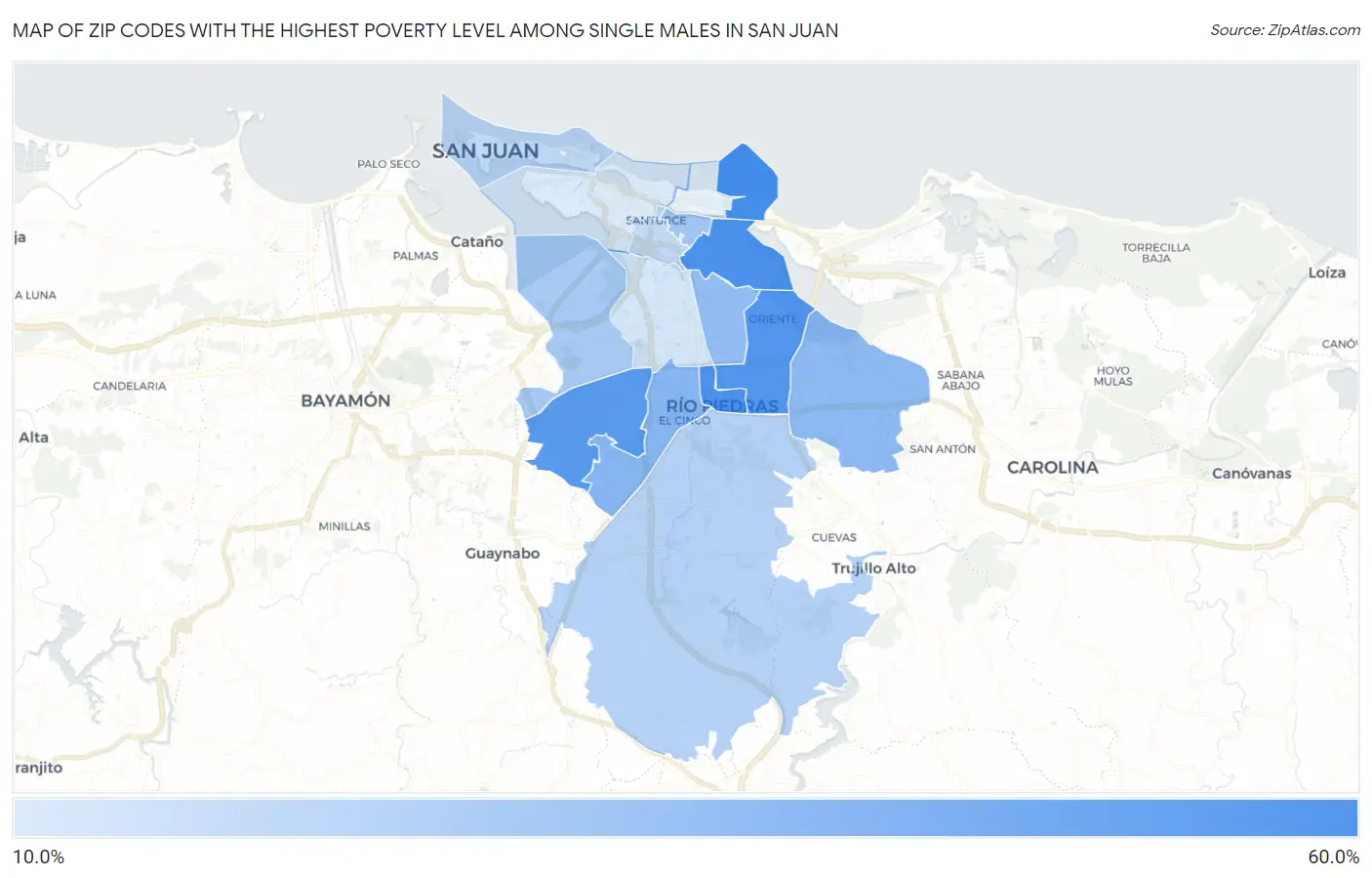 Zip Codes with the Highest Poverty Level Among Single Males in San Juan Map
