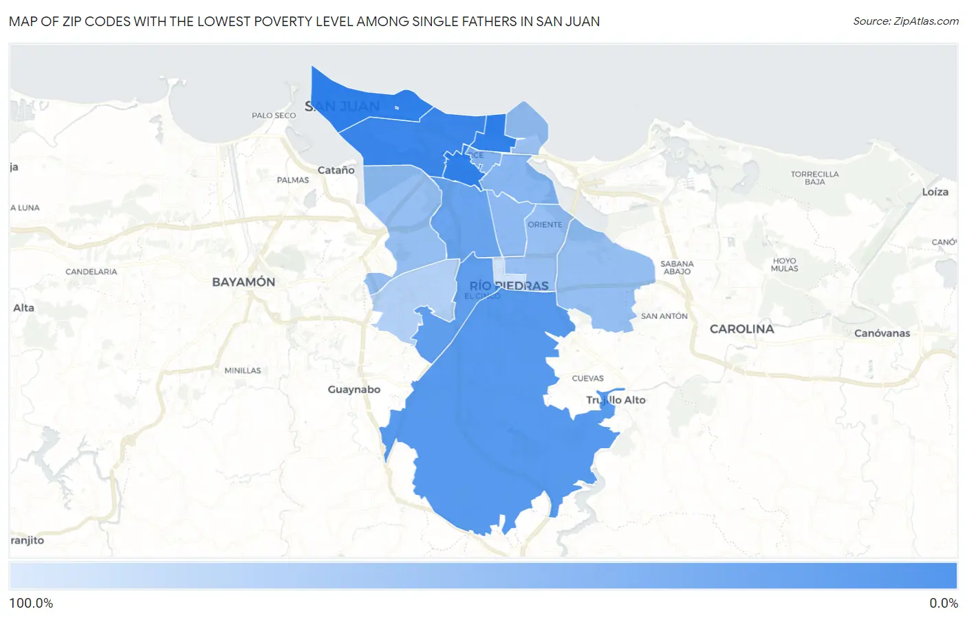 Zip Codes with the Lowest Poverty Level Among Single Fathers in San Juan Map