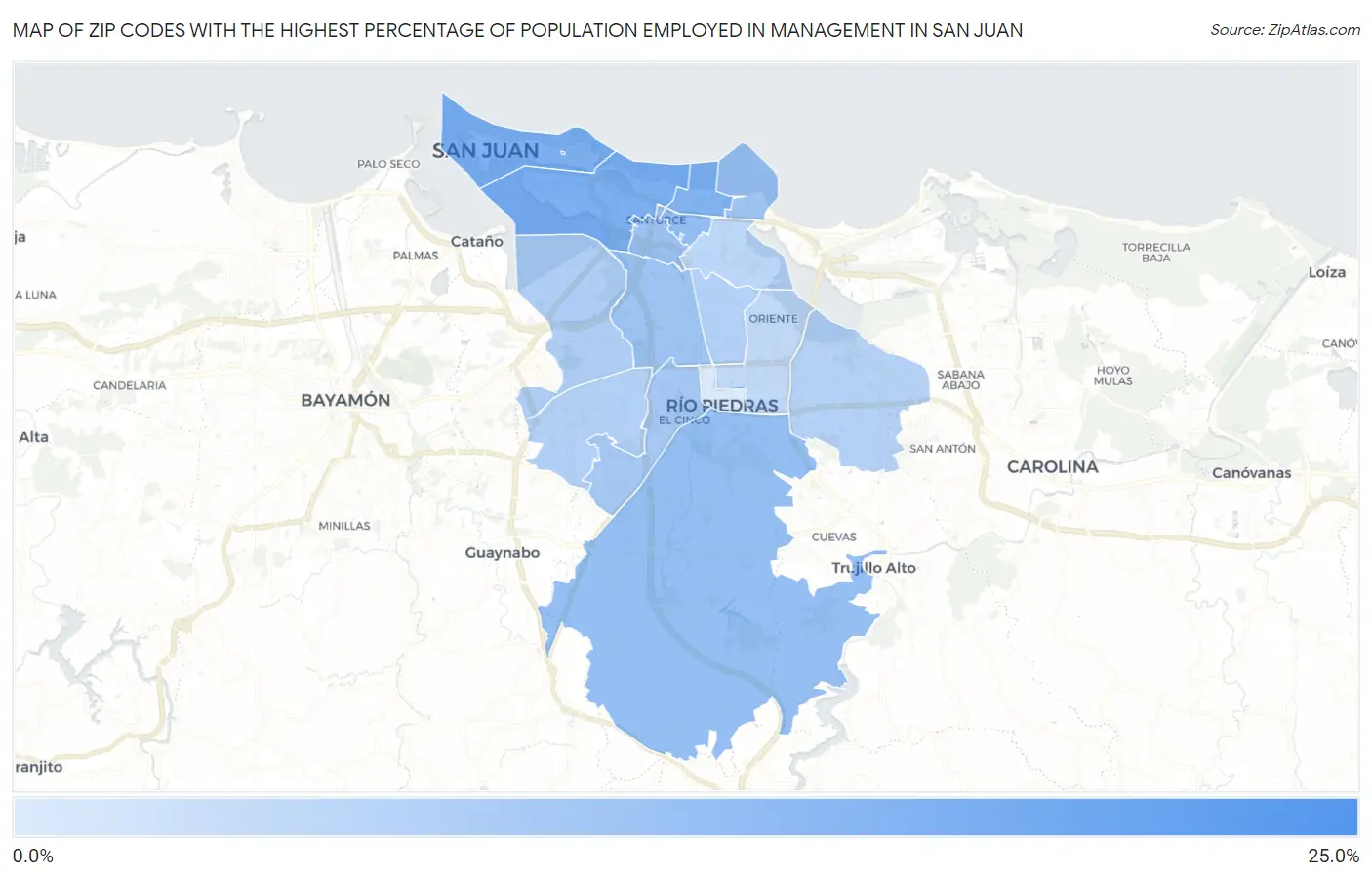 Zip Codes with the Highest Percentage of Population Employed in Management in San Juan Map