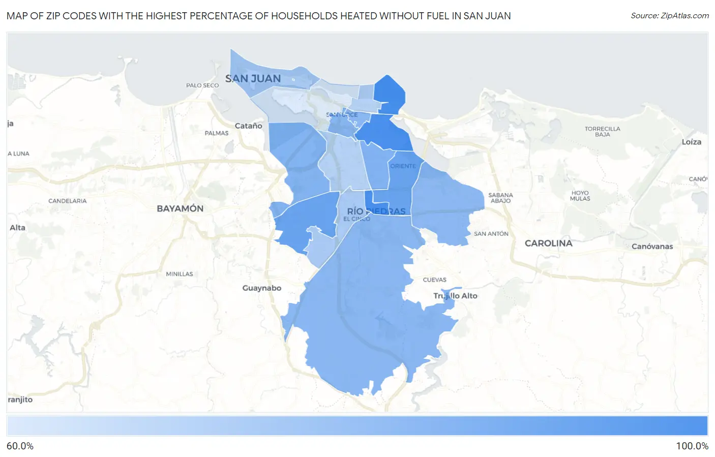Zip Codes with the Highest Percentage of Households Heated without Fuel in San Juan Map