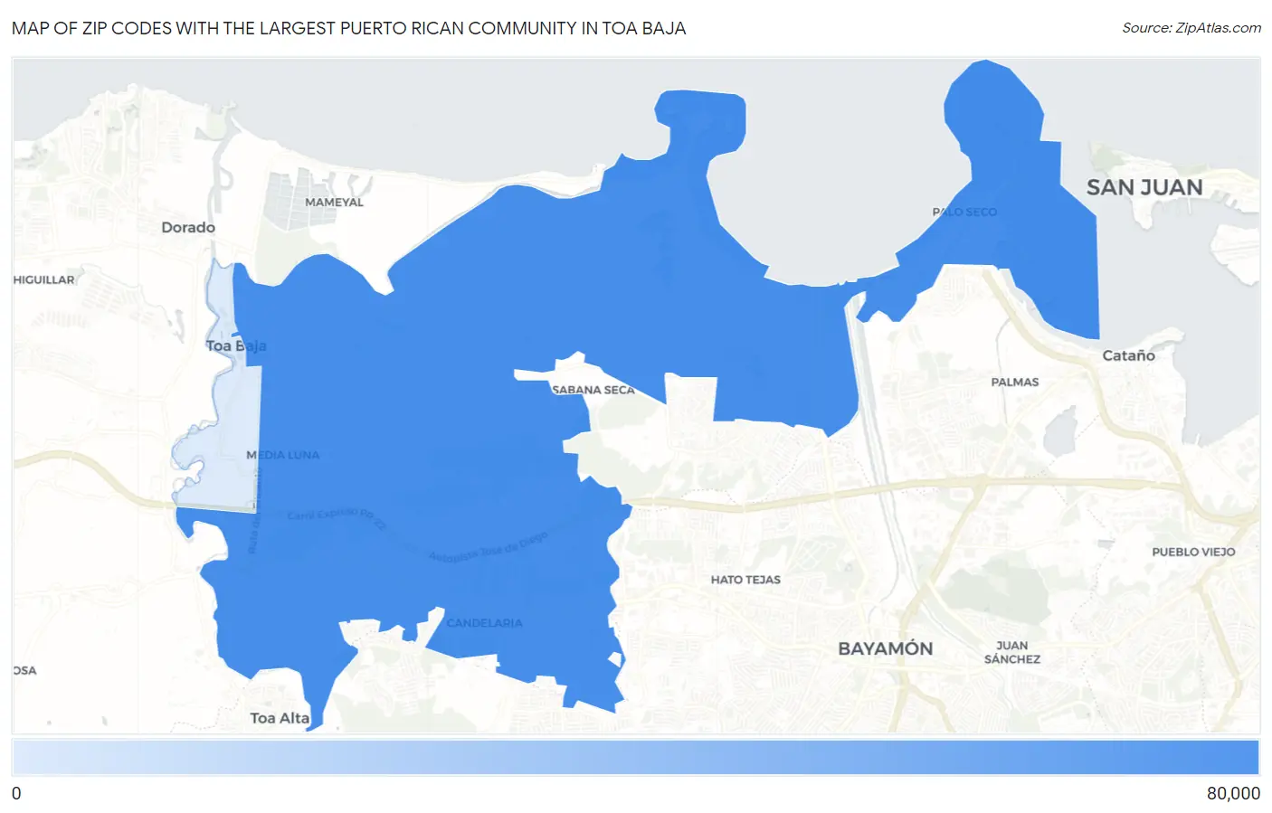 Zip Codes with the Largest Puerto Rican Community in Toa Baja Map