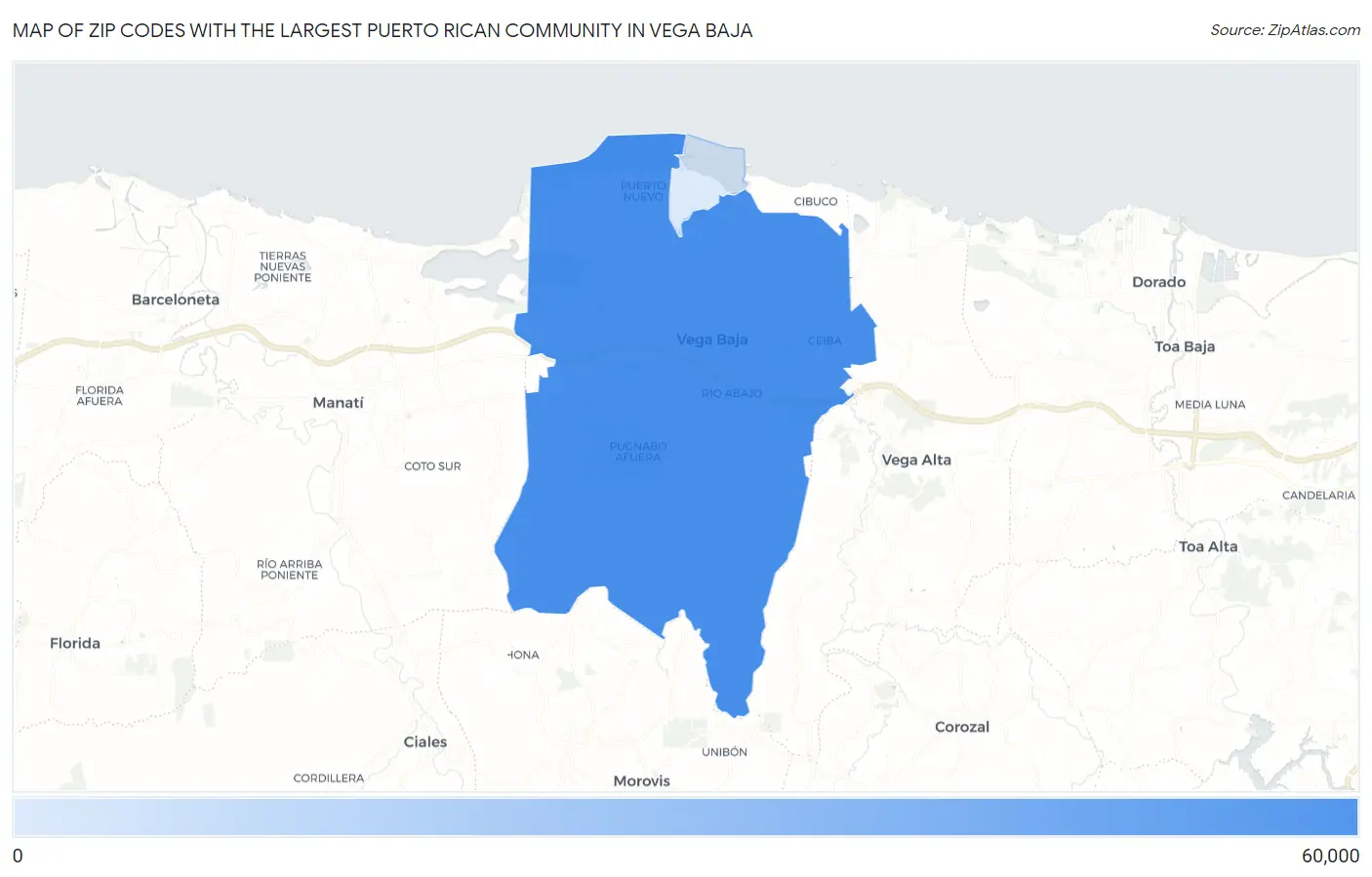 Zip Codes with the Largest Puerto Rican Community in Vega Baja Map