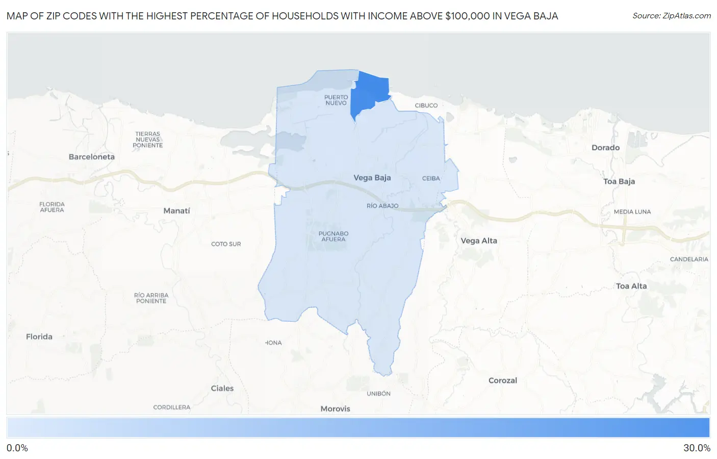 Zip Codes with the Highest Percentage of Households with Income Above $100,000 in Vega Baja Map