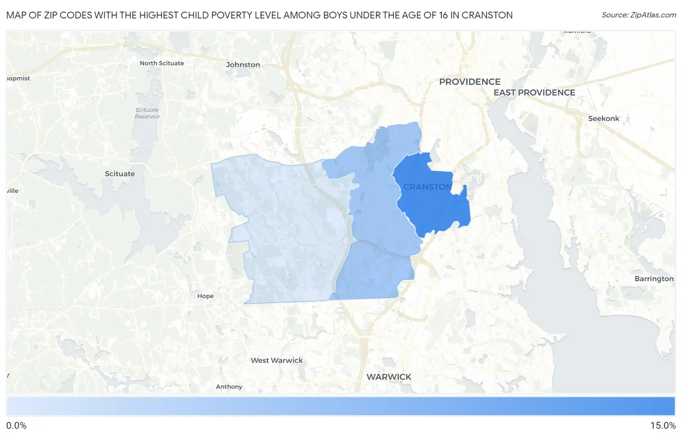 Zip Codes with the Highest Child Poverty Level Among Boys Under the Age of 16 in Cranston Map