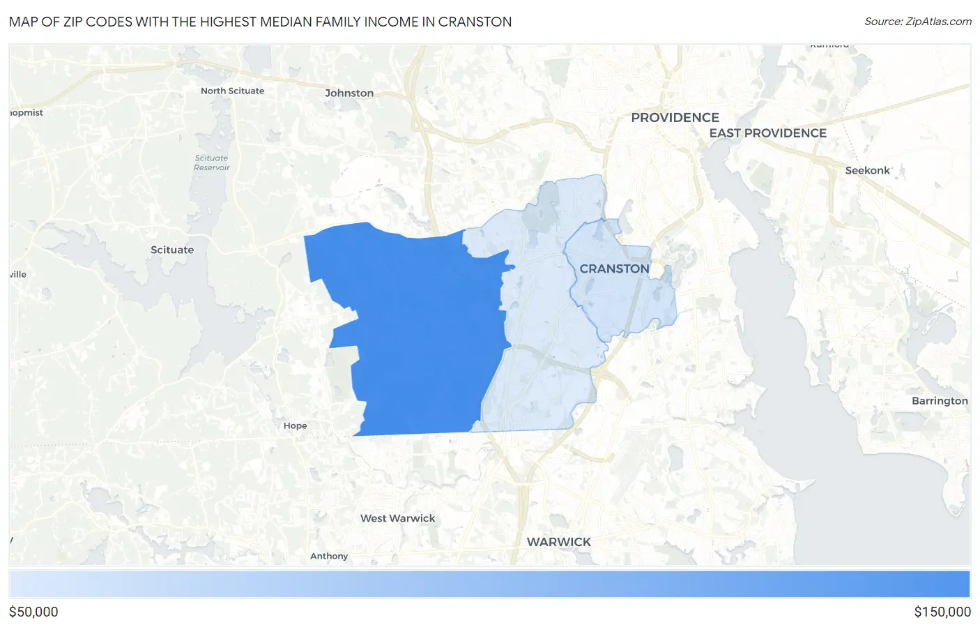 Zip Codes with the Highest Median Family Income in Cranston Map