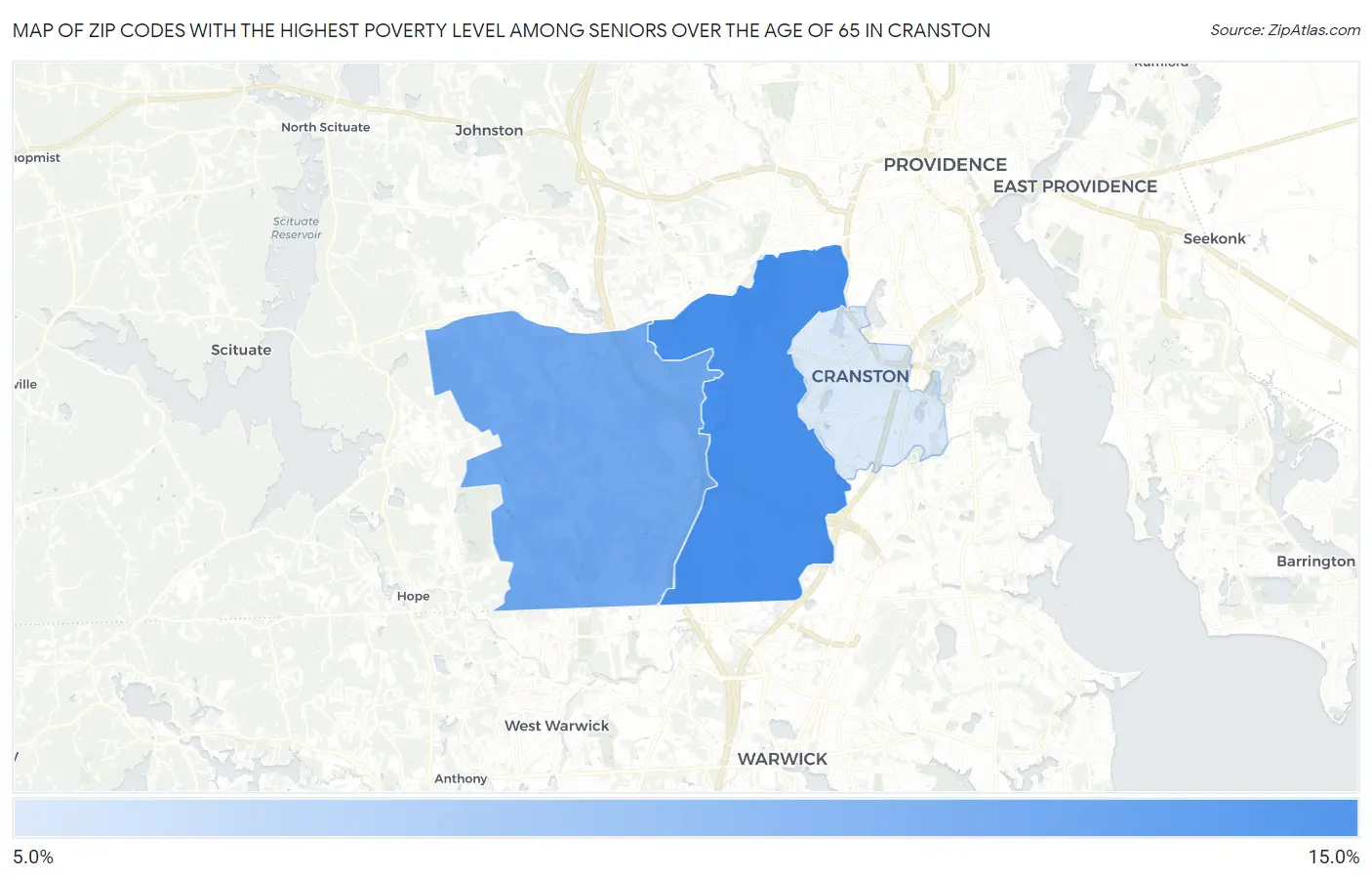 Zip Codes with the Highest Poverty Level Among Seniors Over the Age of 65 in Cranston Map