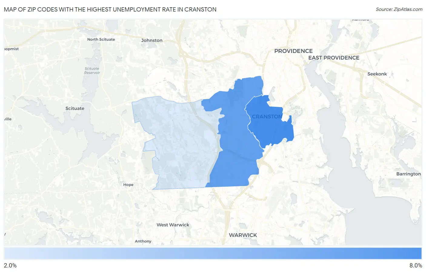 Zip Codes with the Highest Unemployment Rate in Cranston Map
