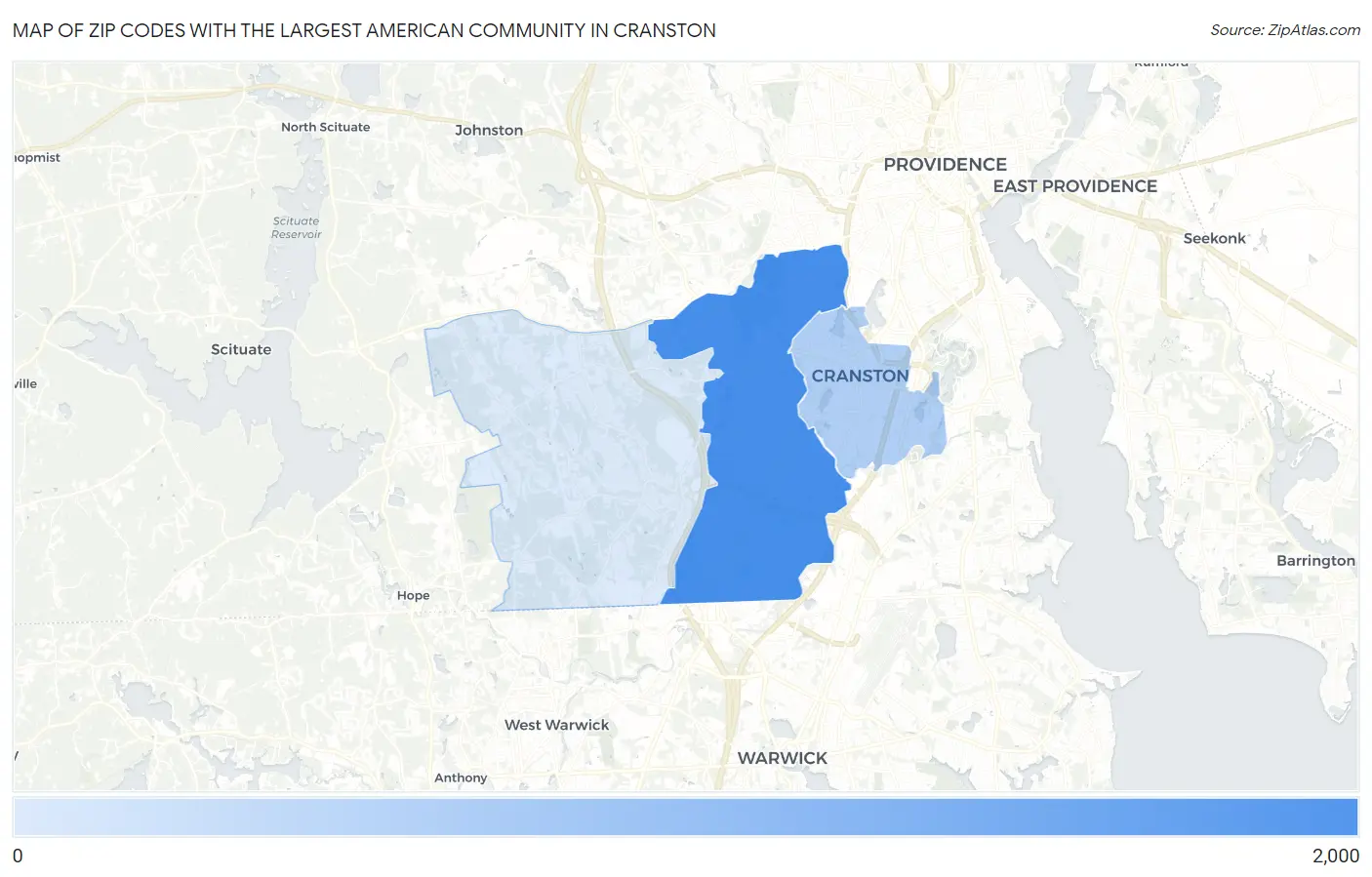 Zip Codes with the Largest American Community in Cranston Map