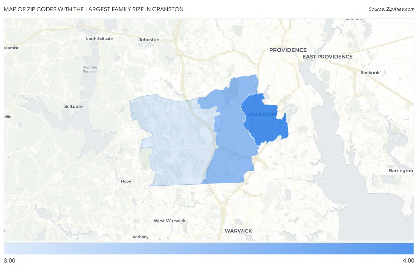 Zip Codes with the Largest Family Size in Cranston Map
