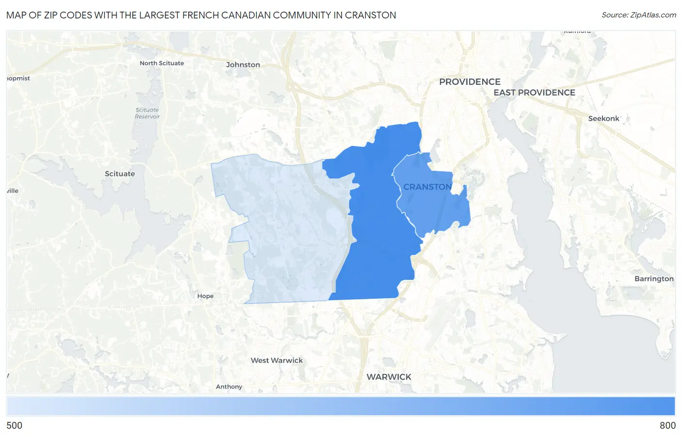 Zip Codes with the Largest French Canadian Community in Cranston Map