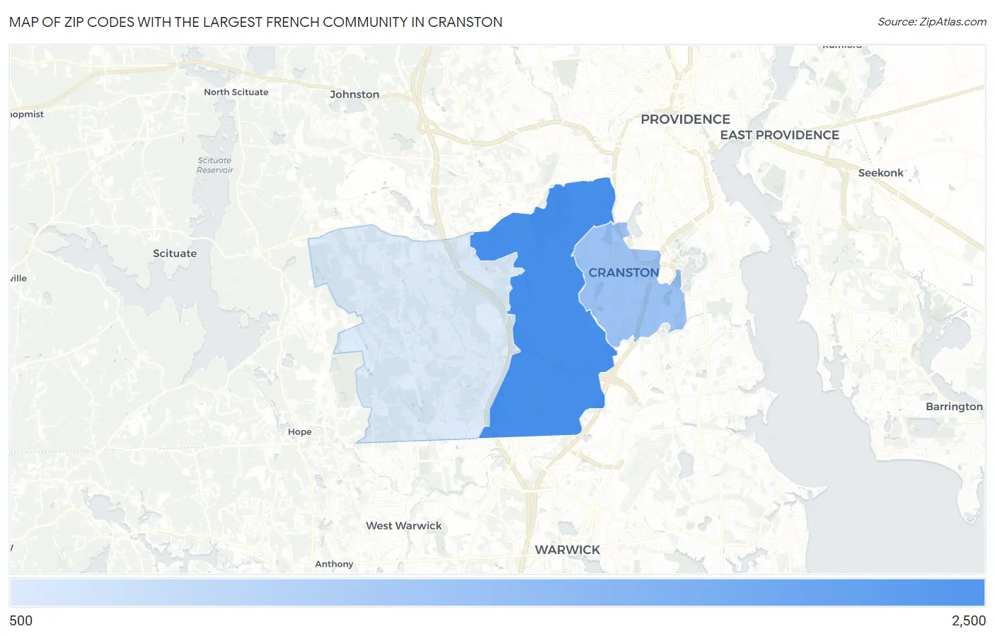 Zip Codes with the Largest French Community in Cranston Map