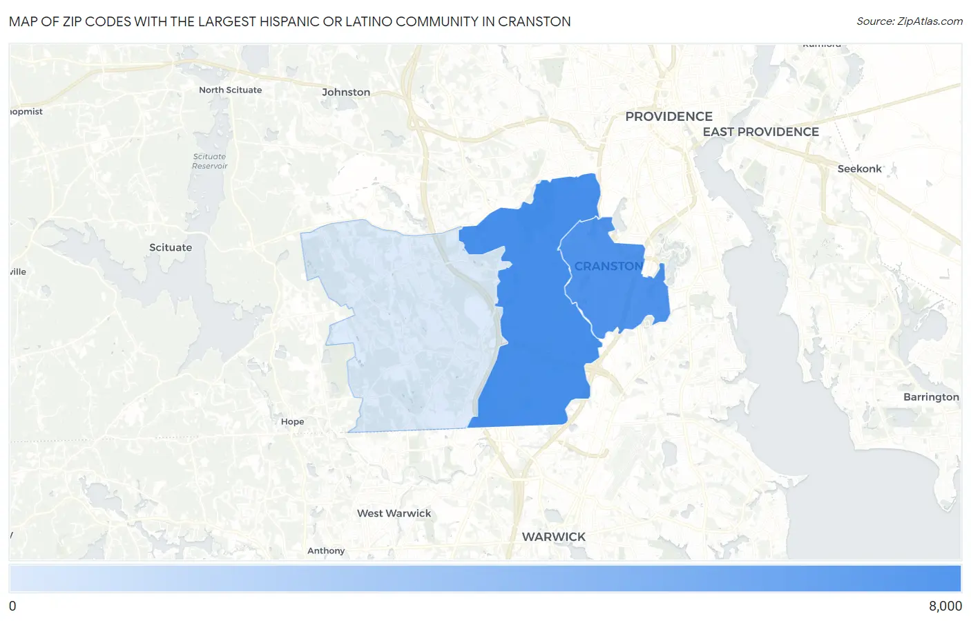 Zip Codes with the Largest Hispanic or Latino Community in Cranston Map