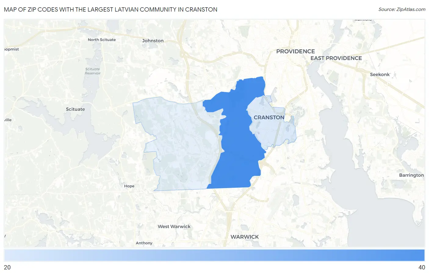 Zip Codes with the Largest Latvian Community in Cranston Map