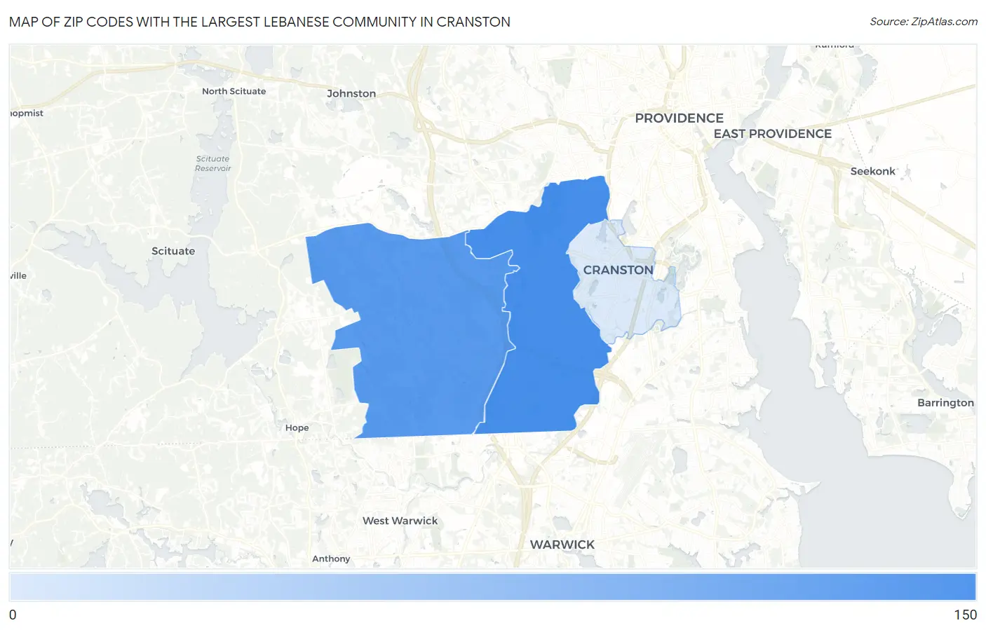 Zip Codes with the Largest Lebanese Community in Cranston Map
