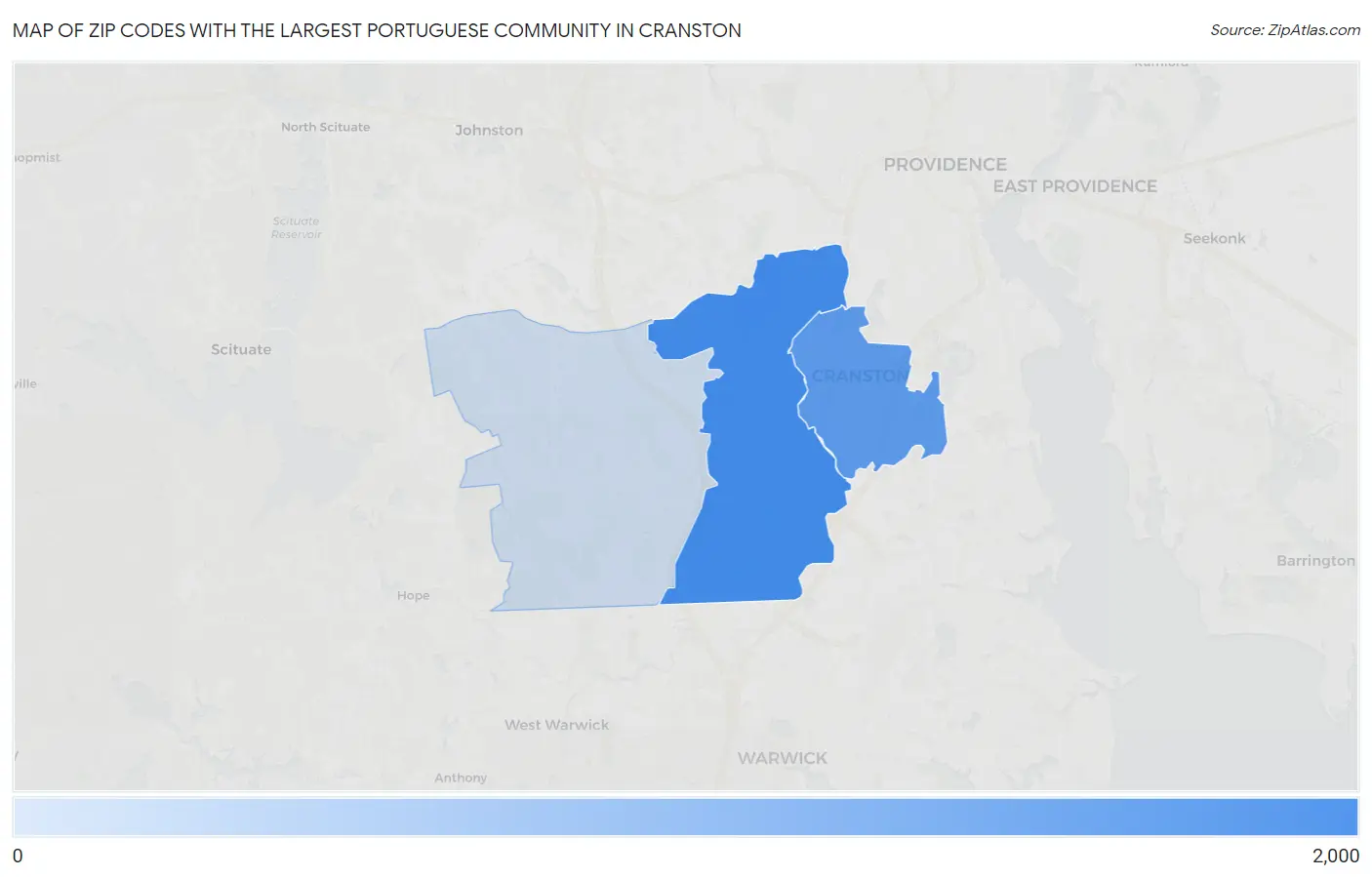 Zip Codes with the Largest Portuguese Community in Cranston Map