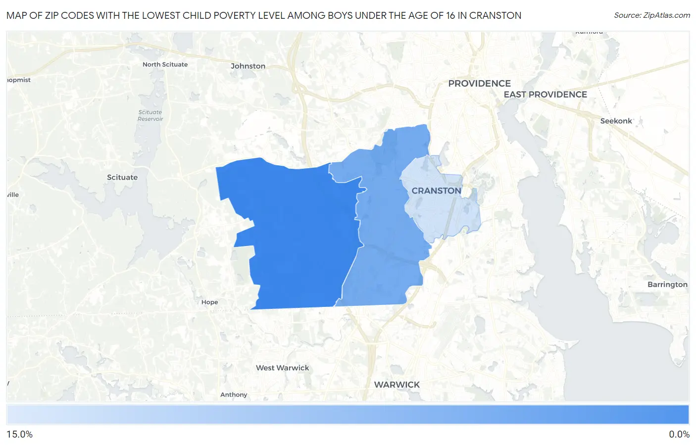 Zip Codes with the Lowest Child Poverty Level Among Boys Under the Age of 16 in Cranston Map