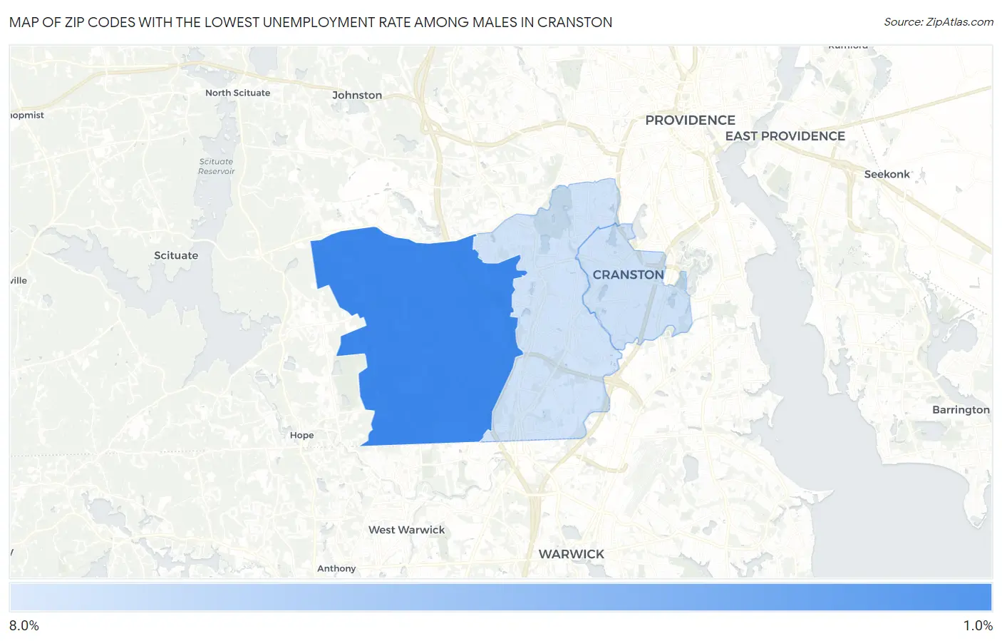 Zip Codes with the Lowest Unemployment Rate Among Males in Cranston Map