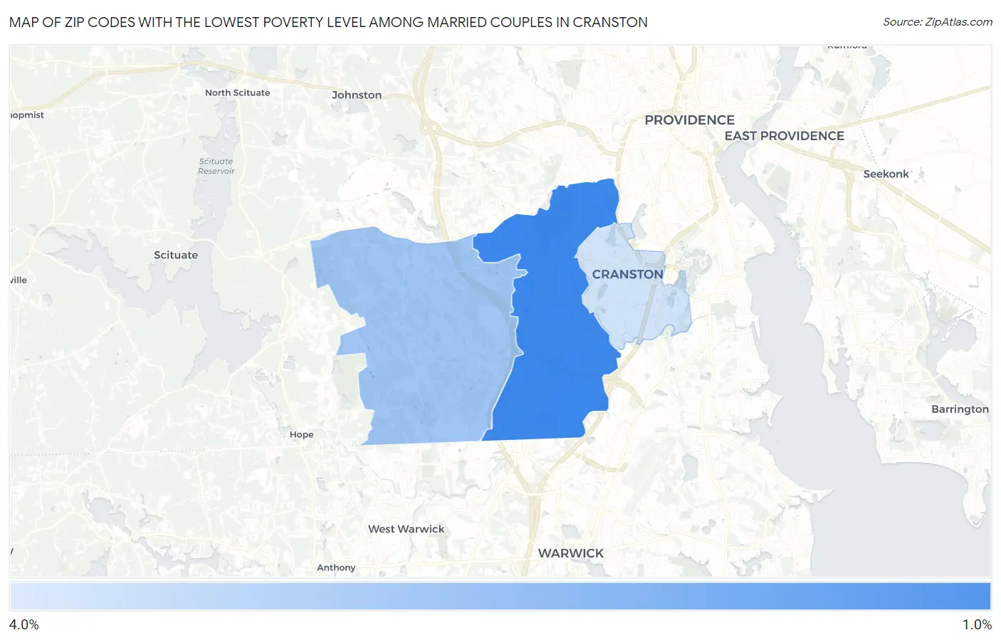 Zip Codes with the Lowest Poverty Level Among Married Couples in Cranston Map