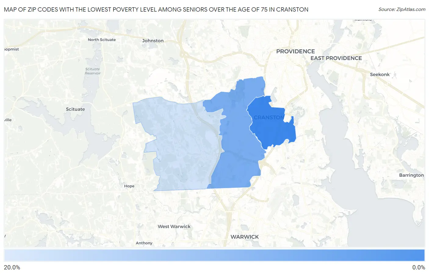 Zip Codes with the Lowest Poverty Level Among Seniors Over the Age of 75 in Cranston Map