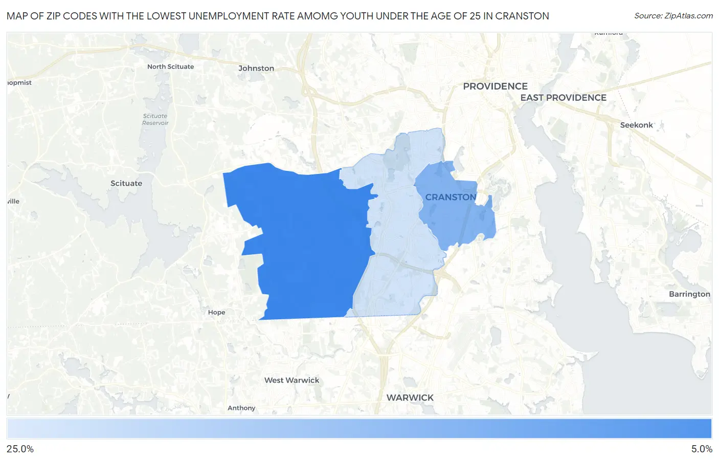 Zip Codes with the Lowest Unemployment Rate Amomg Youth Under the Age of 25 in Cranston Map