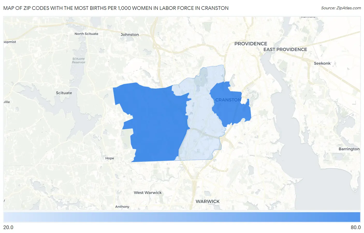Zip Codes with the Most Births per 1,000 Women in Labor Force in Cranston Map
