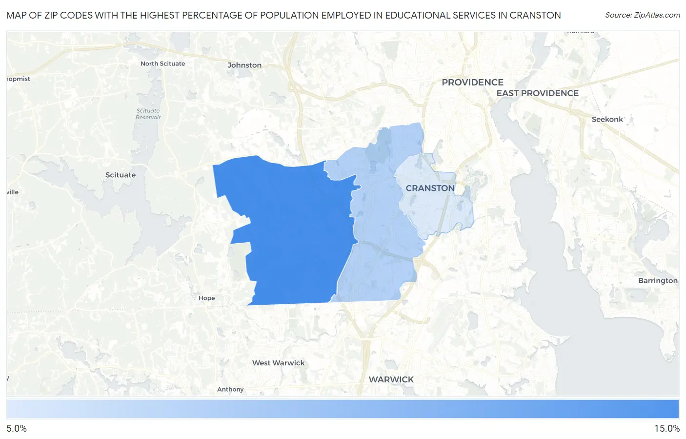 Zip Codes with the Highest Percentage of Population Employed in Educational Services in Cranston Map
