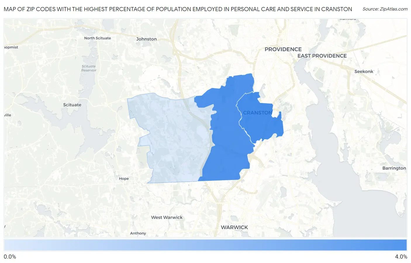 Zip Codes with the Highest Percentage of Population Employed in Personal Care and Service in Cranston Map