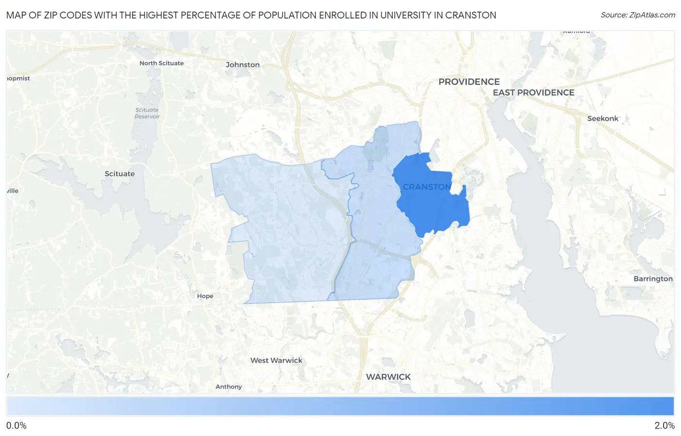 Zip Codes with the Highest Percentage of Population Enrolled in University in Cranston Map