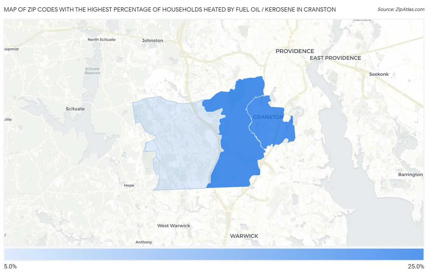 Zip Codes with the Highest Percentage of Households Heated by Fuel Oil / Kerosene in Cranston Map