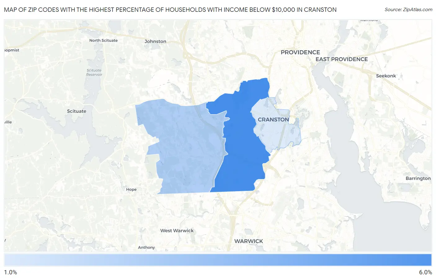 Zip Codes with the Highest Percentage of Households with Income Below $10,000 in Cranston Map