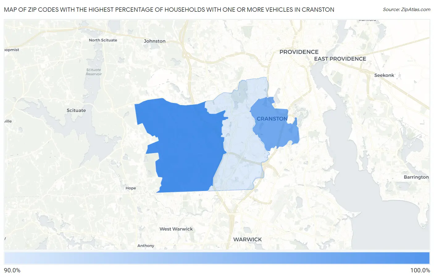 Zip Codes with the Highest Percentage of Households With One or more Vehicles in Cranston Map