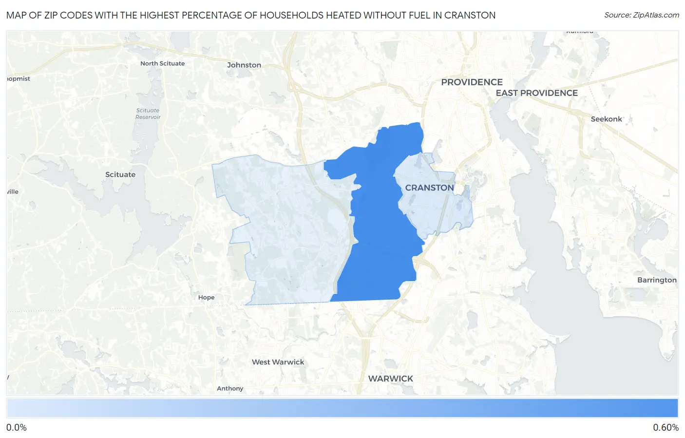 Zip Codes with the Highest Percentage of Households Heated without Fuel in Cranston Map