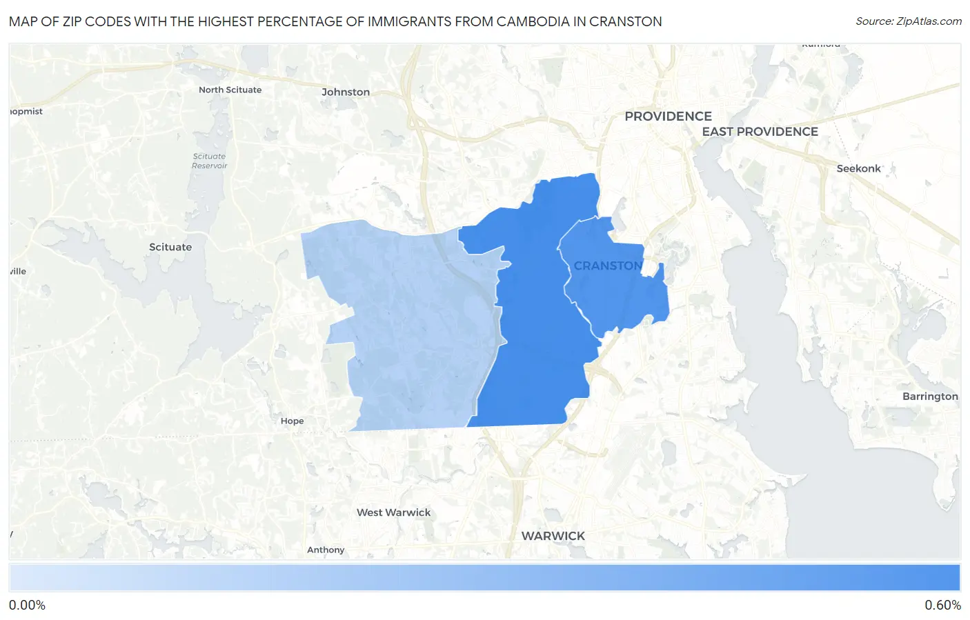 Zip Codes with the Highest Percentage of Immigrants from Cambodia in Cranston Map